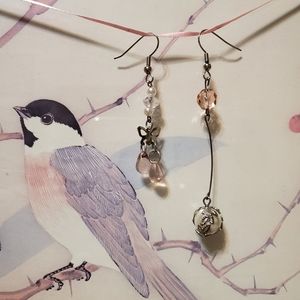 Pink Pearl Vine Glass Mismatch Butterfly Earrings